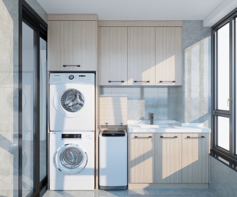 Beige Wood Grain Balcony Cabinet With Multi-Appliance Integration