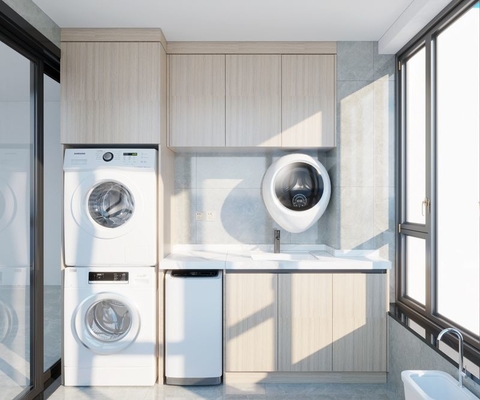 Beige Wood Grain Balcony Cabinet With Multi-Appliance Integration